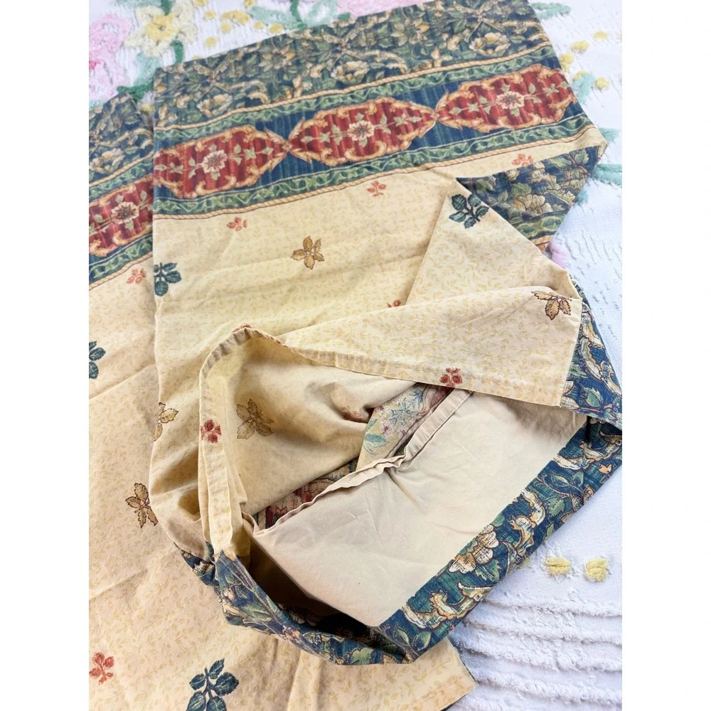 Vintage Floral Tapestry Window Treatment Set 5pc Green Gold Valance Tier Panels
